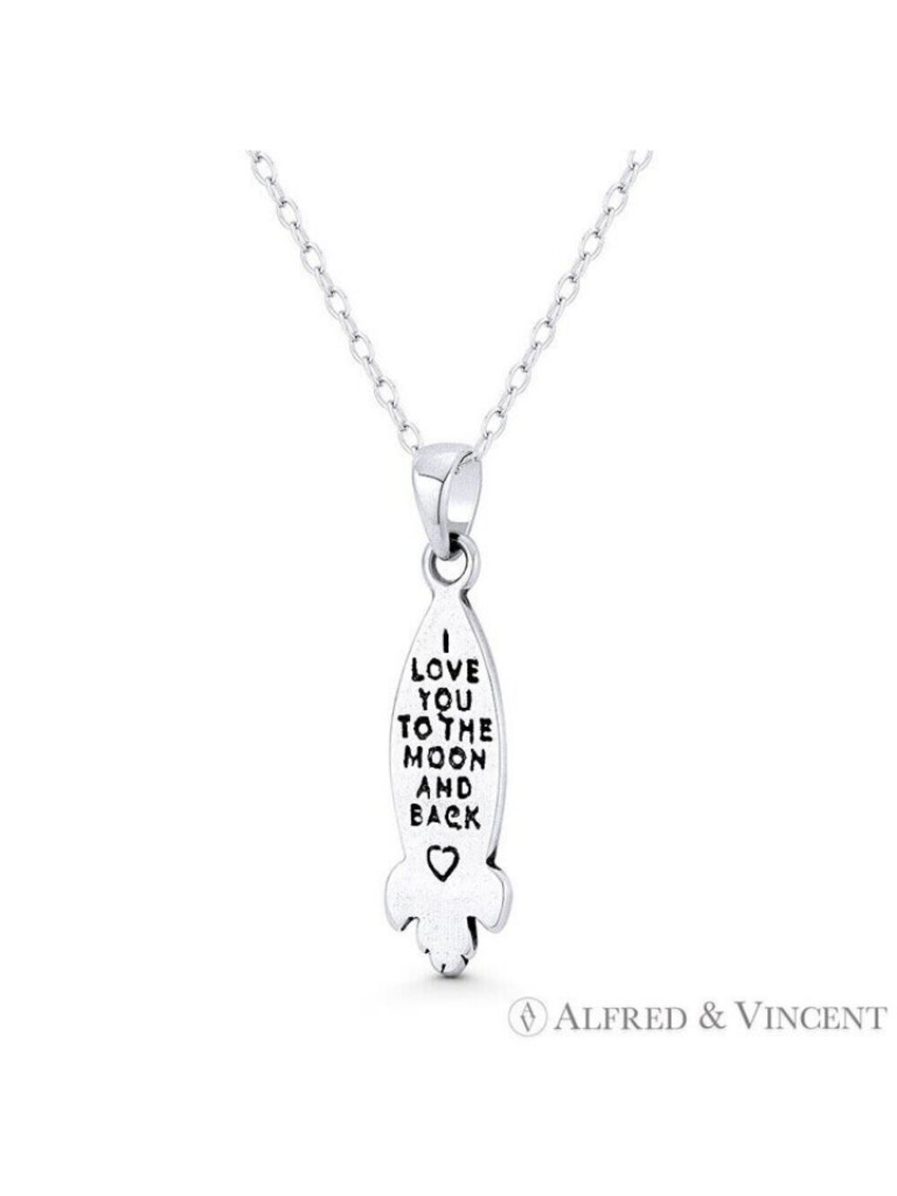 Rocketship "I Love You To The Moon & Back" Oxidized .925 Sterling Silver Pendant